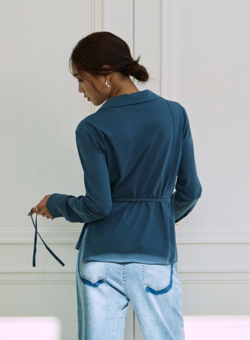 不對稱領彈力綁帶長袖襯衫